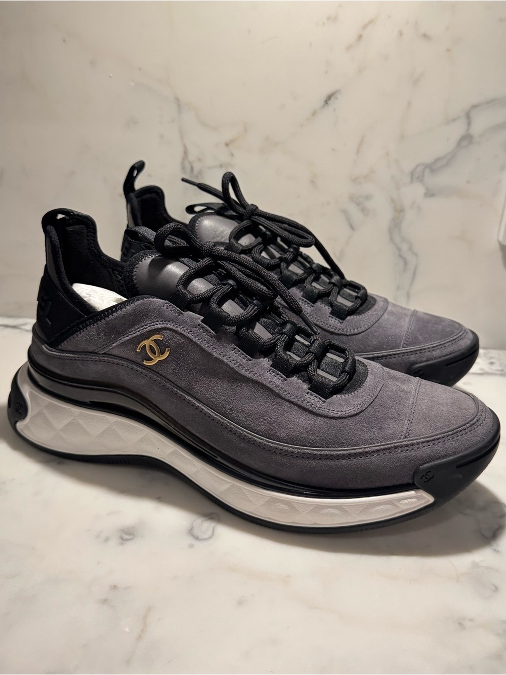 CHANEL 23K Gray Suede CC Sneakers